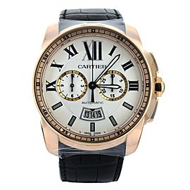 Cartier Calibre Chronograph Rose Gold Silver Dial Alligator Strap 42mm