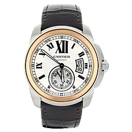 Cartier Calibre Stainless Steel Rose Gold Bezel Alligator Strap 42mm