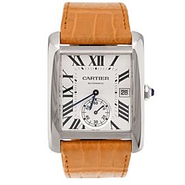 Cartier Tank MC Stainless Steel Silver Dial Orange Strap 44x34mm