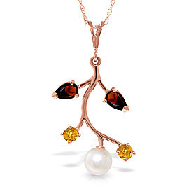 14K Solid Rose Gold Necklace with Garnets, Citrines & Cultured Pearl