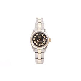 Rolex Datejust 14K Yellow Gold And Stainless Steel Custom Black Diamond Dial Oyster Band 26mm Womens Watch