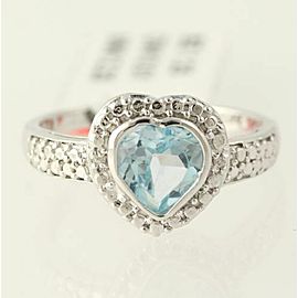 NEW Blue Topaz Heart Cocktail Ring - 925 Sterling Silver Diamond Accents 7 3/4