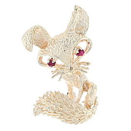 Yellow Gold Ruby Vintage Fox Brooch - 14k Round Cut .18ctw Woodland Animal Pin