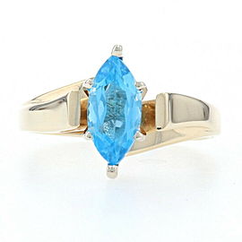 Yellow Gold Blue Topaz Solitaire Bypass Ring - 10k Marquise 1.20ctw Cathedral