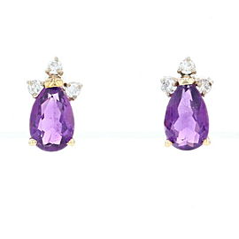 Yellow Gold Amethyst & Diamond Stud Earrings -14k Pear Brilliant 1.55ctw Pierced