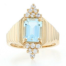 Yellow Gold Blue Topaz & Diamond Ring - 14k Emerald Cut 3.00ctw