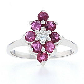 White Gold Ruby & Diamond Halo Ring - 14k Round Brilliant Cut .90ctw