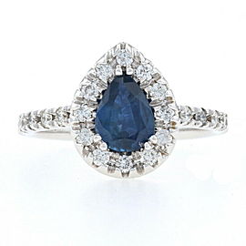 White Gold Sapphire & Diamond Halo Engagement Ring - 14k Pear Cut 1.54ctw