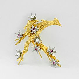 Blossoming Tree Brooch Pin 18K Gold Genuine Cabochon Rubies & Round Pearls