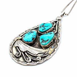 Vintage 925 Sterling Silver Turquoise Pendant Necklace 24"