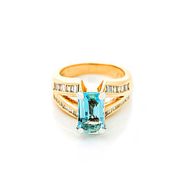 14K YELLOW GOLD BAGUETTE CUT 3 CT AQUAMARINE 0.76 CT DIAMOND RING 8.6 GR SIZE 7