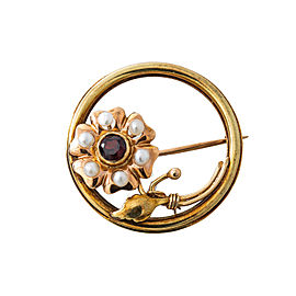 Vintage 14K Yellow Rose Gold Pearls Garnet Flower Pin Brooch 4.3 Grams 30 mm