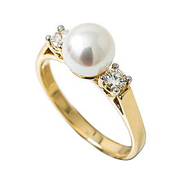 14K YELLOW GOLD 7 MM PEARL 0.40 CT DIAMOND RING 3.3 Gr SIZE 7