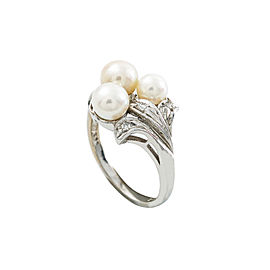 Vintage 14K White Gold Pearls 0.06 Ct Single Cut Diamond Ring 4.3 Gram Size 6.25