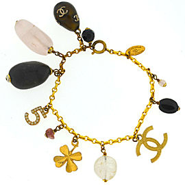 Chanel Gold Tone Cc Logo Crystal Charms No 5 Clover Stone Gems Quartz Bracelet