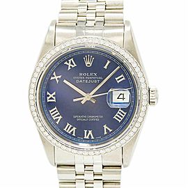 Rolex Datejust 16264 Men Automatic SS Watch Blue Dial 1.80CT Diamond Bezel 36mm