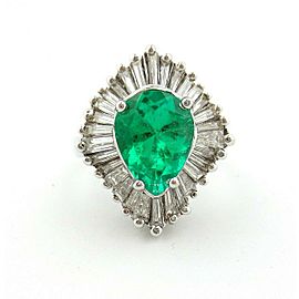 18KT White Gold Ballerina Emerald Pear Shape Cut & Baguette Diamonds Ring 5.40ct