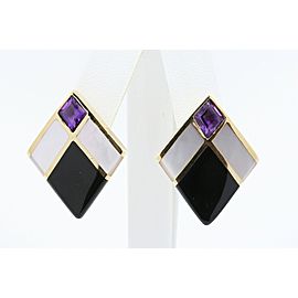 Kabana Stud Earrings 14k Yellow Gold Amethyst Mother Pearl Onyx Inlay Rare