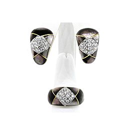 Ring Earring Set 18k Gold Black Mother Pearl Inlay Pave Diamond 1.50ctw sz 7