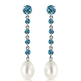 10 CTW 14K Solid White Gold Chandelier Earrings Blue Topaz Cultured Pearl