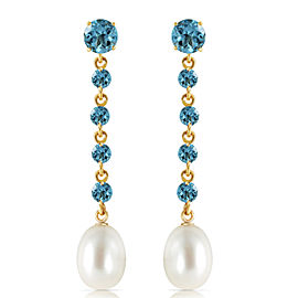 10 CTW 14K Solid Gold Chandelier Earrings Blue Topaz Cultured Pearl