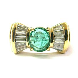 Green Emerald & Baguette Diamond Ring Solid 18Kt Yellow Gold