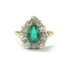 18kt Vintage Green Emerald & Old European Cut Diamond Ring 1.40Ct