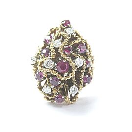 Fine Gem Ruby Diamond Cluster Yellow Gold Jewelry Ring