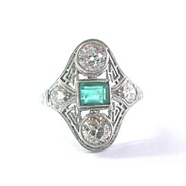 Platinum Vintage Gem Greem Emerald Old European Cut Diamond Jewelry Ring