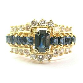 Blue Sapphire & Diamond Ring Emerald Cut Center 14Kt Yellow Gold