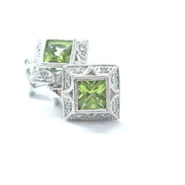 14Kt Square Green Peridot & Diamond Milgrain White Gold Huggie Earrings