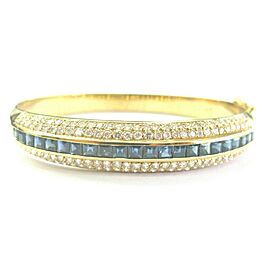 Blue Sapphire & Diamond Bangle Three Row 18Kt Yellow Gold