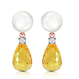 14K Solid Rose Gold Stud Earrings with Diamonds, Citrine & Cultured Pearl