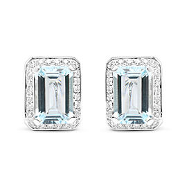 True 18K White Gold 3/4 Cttw Round Diamond and 13x9mm Emerald Cut Blue Aquamarine Gemstone Halo Omega Stud Earrings (G-H Color, SI1-SI2 Clarity)