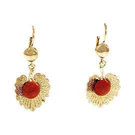 18K Yellow Gold Orange Red Coral Dangle Earrings