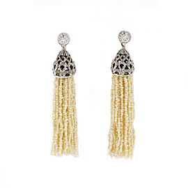 14K White Gold Diamonds & Seed Pearl Tassel Dangle Earrings