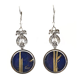 Vintage Art Deco 14K White Gold Rutile Quartz, Diamonds & Lapis Euro Wire Bow Motif Dangle Earrings