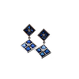 Art Deco 14K White Gold Synthetic Sapphire and Diamond Dangle Earrings