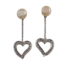 18K White Gold Cultured Pearl Double Sided Diamond Heart Dangle Earrings