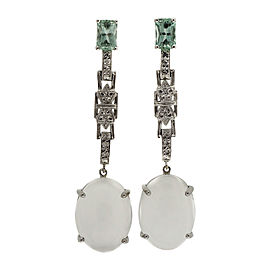 Art Deco Vintage 14K White Gold Sea Foam Aqua Beryl and Moonstone Earrings