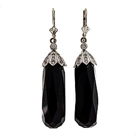 14K White Gold Briolette Black Onyx and Diamond Dangle Earrings