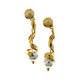 Vintage 14K Yellow Gold and Cultured Pearl Swirl Dangle Earrings