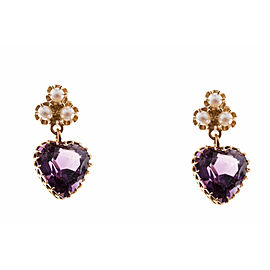 14K Yellow Gold Pearl & Amethyst Heart Dangle Earrings