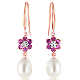 14K Solid Rose Gold Fish Hook Earrings with Diamonds, Amethysts & Cultured Pearls