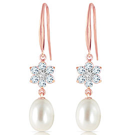 14K Solid Rose Gold Fish Hook Earrings with Diamonds, Aquamarines & Cultured Pearl