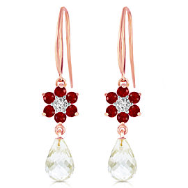 14K Solid Rose Gold Hook Earrings withDiamonds, Rubies & Rose Topaz