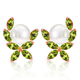 14K Solid Rose Gold Stud Earrings with Natural Peridots & Cultured Pearls