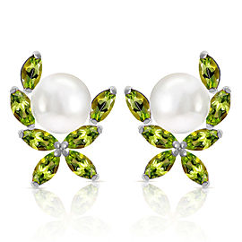 3.25 CTW 14K Solid White Gold Stud Earrings Natural Peridot Cultured Pearl