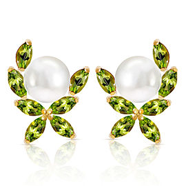 3.25 CTW 14K Solid Gold Stud Earrings Natural Peridot Cultured Pearl