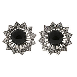 14K White Gold Black Onyx and Diamond Button Clip Post Earrings